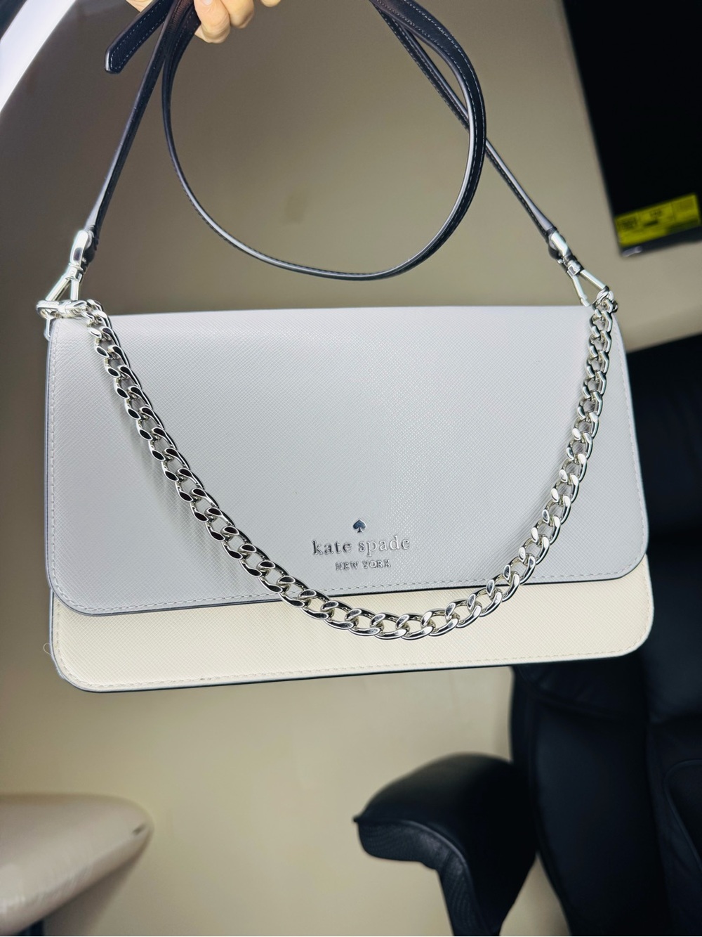 kate spade Two-Tone White and Cream Shoulder Bag with Silver Chain